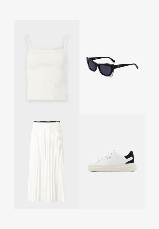 Rebrast srajca v kremni barvi z drobnimi, nastavljivimi naramnicami in majhnim logotipom na robu. Mehka tekstura. Oblika, ki se prilega telesu.; Gubasta bela krila z črnim elastičnim pasom, ki nosi logotip "LACOSTE". Srednje dolga zasnova z mehkobo tkanine.; Bele usnjene športne copate z debelim belim podplatom, črnimi semišnimi detajli na peti in utisnjenim logotipom na strani. Zavezovanje s šestimi luknjicami.; Črne prevelike sončne očala geometrijske oblike, z temnimi lečami in kontrastno sivo podrobnostjo na okvirju. Logo na ročaju.