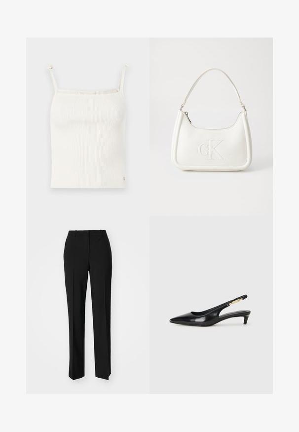 Camisola a coste di colore crema con spalline sottili regolabili e un piccolo logo accentuato all'orlo. Texture morbida. Design aderente.; Pantaloni neri su misura con un design a gamba dritta, caratterizzati da una texture liscia e pieghe ben definite sul davanti. Senza hardware visibile.; Tacchi slingback in pelle nera con punta affusolata, caratterizzati da un tacco alto e un accento dorato sulla cinghia regolabile. Texture liscia.; Borsa a tracolla in pelle bianca con forma curva, dotata di un logo "CK" impresso sul davanti e una singola tracolla. Chiusura a zip nella parte superiore.