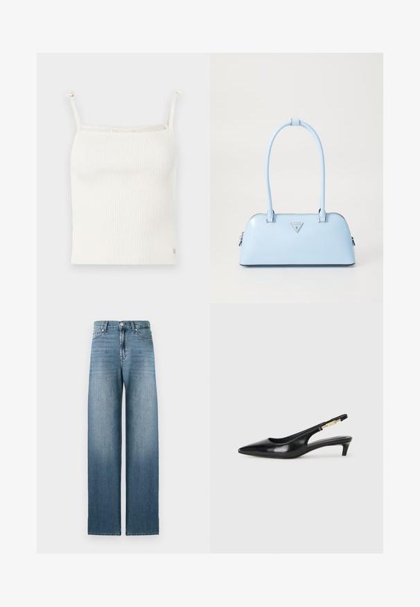 Ribbed, cream-colored camisole with thin, adjustable straps and a small logo accent at the hem. Soft texture. Form-fitting design.; Light blue wide-leg jeans made from denim, featuring a high waist, five-pocket design, and subtle fading along the legs.; Black leather slingback heels with a pointed toe, featuring a slim heel and a gold-tone accent on the adjustable strap. Smooth texture.; Light blue handbag with a structured shape, smooth leather material, two handles, and a triangular brand logo on the front. Zippered closure.