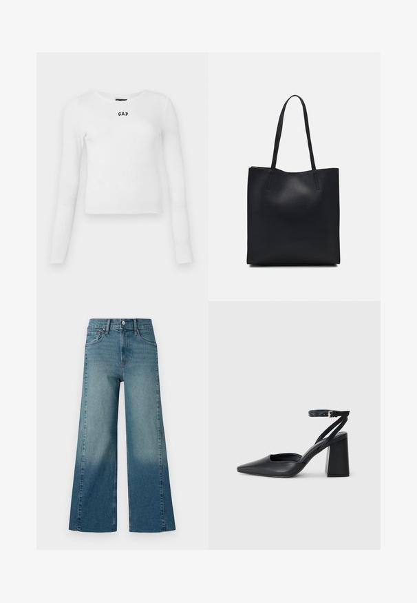 Camiseta de manga larga blanca de canalé con cuello redondo y pequeño logotipo negro "GAP" en el centro. Tejido suave y elástico con un diseño ajustado.; Jeans de pierna ancha en un lavado azul medio, con un efecto degradado de más oscuro a más claro. Hechos de denim con un diseño tradicional de cinco bolsillos.; Zapato de tacón puntiagudo de cuero negro con tira en el tobillo y tacón ancho. Textura plana, diseño elegante y estética minimalista.; Bolso tote de cuero negro con textura lisa, forma rectangular y dos asas largas. Sin herrajes ni adornos visibles.