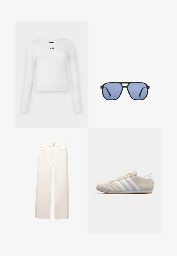 Weißes langärmliges Ripptop mit Rundhalsausschnitt und kleinem schwarzen "GAP"-Logo in der Mitte. Weicher, elastischer Stoff mit tailliertem Schnitt.; Weiße, lässige Jeans mit weitem Bein aus Denim, mit fünf Taschen, einem Reißverschluss und einem Knopfverschluss. Der Stoff hat eine feine Textur und minimale Nähte.; Hellbeige Wildlederschuhe mit runder Zehenpartie, weißem Drei-Streifen-Design und Sohle aus Gummi. Verfügt über eine Steppnaht und ein niedriges Profil.; Stradivarius RETRO - Sonnenbrille - light blue