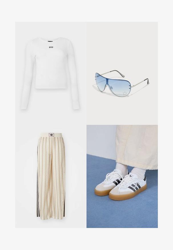 Haut à manches longues blanc en maille côtelée avec un col rond et un petit logo "GAP" noir au centre. Tissu doux et extensible avec un design ajusté.; Pantalons larges crème avec un motif en zigzag, dotés d'une ceinture logo noire et de bandes noires sur les côtés. Tissu léger et texturé.; Baskets blanches avec des rayures noires et des accents en daim beige. Elles présentent une semelle en gomme texturée et des lacets plats blancs, portées avec des chaussettes claires.; Lunettes de soleil aviateur avec des verres dégradés bleus, une monture en métal argenté et des accents décoratifs en forme d'étoile sur les verres. Design lisse et élégant.