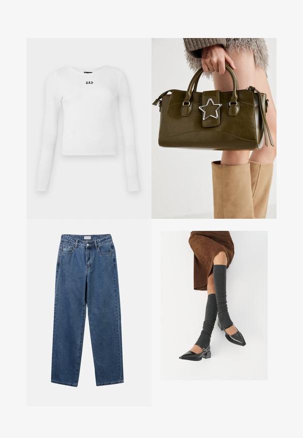 Camiseta de manga larga blanca de canalé con cuello redondo y pequeño logotipo negro "GAP" en el centro. Tejido suave y elástico con un diseño ajustado.; Jeans de mezclilla azul clásico con un diseño de pierna recta, cinco bolsillos y cierre de botón. Presenta un lavado medio y una textura resistente.; Zapatos de charol negros con punta afilada, tacón bloque y tira de tobillo, combinados con calentadores de piernas de canalé grises y una falda de ante marrón.; Bolso de mano de cuero sintético verde oliva con acento de estrella plateada, doble asa y cierre de cremallera. Superficie texturizada y forma estructurada.