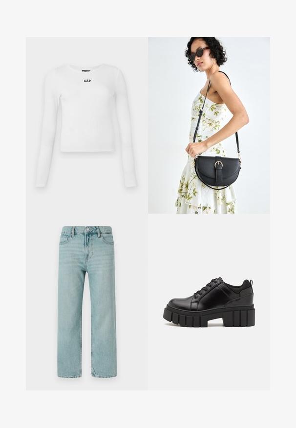 Camiseta de manga larga blanca de canalé con cuello redondo y pequeño logotipo negro "GAP" en el centro. Tejido suave y elástico con un diseño ajustado.; Jeans de corte ancho en azul claro, confeccionados en denim, con un diseño clásico de cinco bolsillos, líneas limpias y una cinturilla regular con cierre de botón.; Zapatos de plataforma de cuero negro con un tacón cuadrado grueso, punta redonda y diseño tradicional de cordones. Presenta una textura suave y un detalle minimalista.; Bolso de piel negra con forma curva, correa desmontable y herrajes dorados. El bolso cuenta con una solapa con un detalle de hebilla.