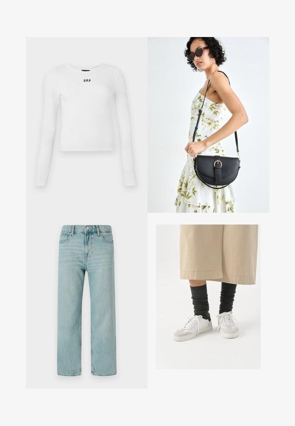 Biely dlhý rukáv rebrovaný top s okrúhlym výstrihom a malým čiernym logom "GAP" v strede. Jemná, elastická látka s priliehavým strihom.; Svetlomodré nohavice s širokými nohavicami vyrobené z denimu, obsahujúce klasický dizajn s piatimi vreckami, čisté línie a klasický pás so zapínaním na gombík.; Biele a šedé tenisky s čiernym akcentom na päte, s hladkým koženým zvrškom a textúrovanou semišovou špičkou. Nosené s tmavošedými voľnými ponožkami.; Čierna kožená kabelka s zaobleným tvarom, odnímateľným popruhom a zlatými doplnkami. Kabelka má klopu s detailom s prackou.