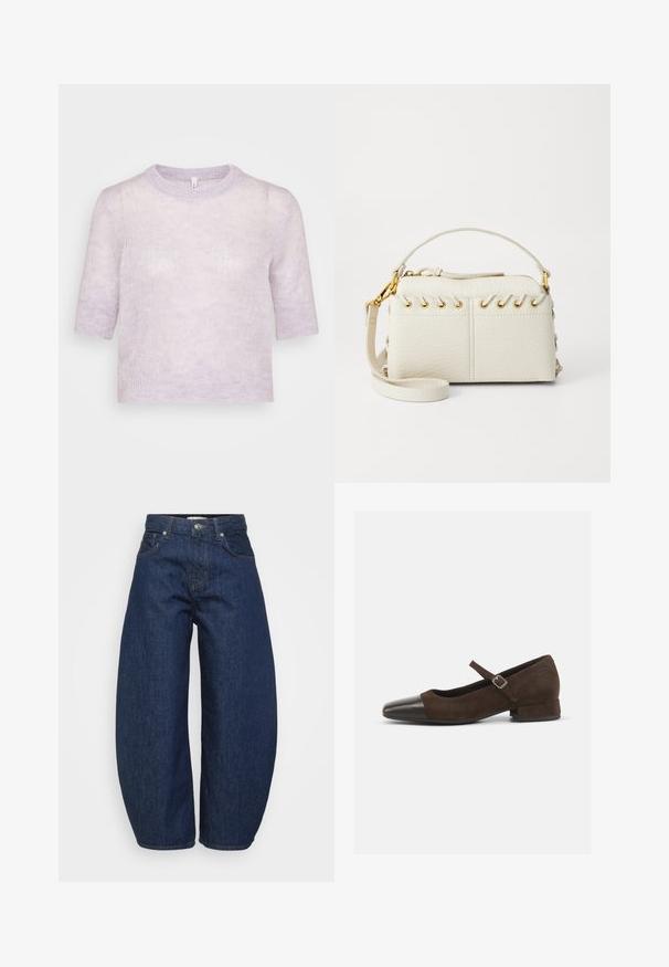 Pull court à manches courtes en lavande clair, en tricot doux et texturé, avec un col rond et une coupe décontractée. Design simple, sans embellissements supplémentaires.; Jean en denim bleu foncé avec une coupe large et décontractée. Comprend une braguette zippée, quatre poches et des coutures contrastantes le long des coutures.; Chaussure Mary Jane en daim marron avec un embout en cuir verni noir, bride ajustable et un petit talon carré. Texture lisse avec de minimalistes accents.; Sac à main en simili cuir blanc avec une fermeture éclair sur le dessus, une courte poignée et une bandoulière amovible avec des détails en métal doré. Détail de laçage sur le côté.; Boucle d'oreille en argent avec une finition polie, présentant de petits détails en or et de forme ronde, portée sur le lobe.