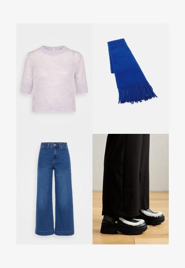 Šviesiai levandų spalvos trumpomis rankovėmis megztinis, pagamintas iš minkštos, tekstūruotos siūlės, su apvaliu iškirpimu ir laisvu kirpimu. Paprastas dizainas, be papildomų puošmenų.; Aukštai juosmens plačių kojų džinsai vidutinio mėlynumo džinsinio audinio, su knopkų užsegimu, diržo kilpos ir švariu kraštu be pažeidimų.; Juodi platforminiai bateliai su baltu pūkuotu apvadu, apvaliu pirštu ir juostele su metaliniu mygtuku. Dėvimi su juodomis kelnėmis ant medinės grindų.; Mėlyna audinė skara su kutais, lygi tekstūra, stačiakampio formos ir vienoda spalva visame paviršiuje. Tinka šaltam oras.