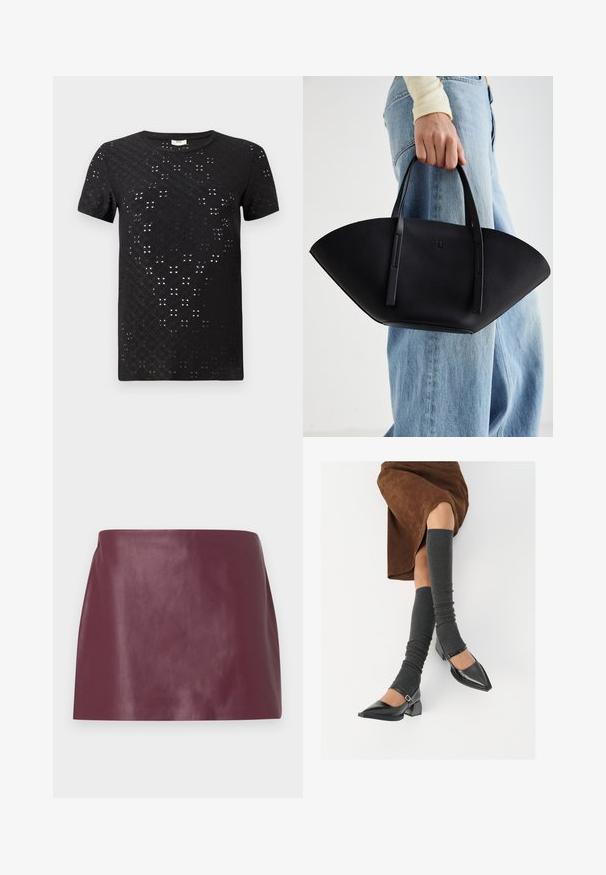 T-shirt preto de manga curta com um padrão texturizado de recortes e design de gola redonda. Feito de tecido leve com um corte solto.; Mini saia em couro borgonha liso com corte reto e sem embelezamentos ou fechos visíveis.; Sapatos pretos de pele lacada com biqueira pontuda, salto bloco e tiras no tornozelo, combinados com caneleiras cinzas em malha e uma saia de camurça castanha.; Bolsa de mão em couro preto com uma forma única em leque, apresentando alças planas. A superfície tem uma textura pebble e um design minimalista.