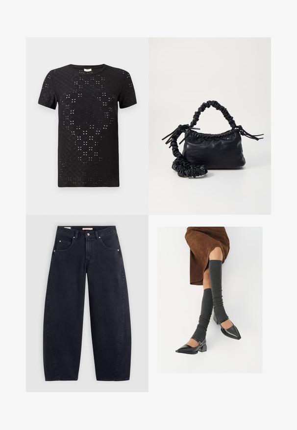 T-shirt preto de manga curta com um padrão texturizado de recortes e design de gola redonda. Feito de tecido leve com um corte solto.; Calças de ganga largas pretas com uma cintura alta, dois bolsos frontais e detalhes em metal prateado. Textura suave, detalhes de costura mínimos e corte reto.; Sapatos pretos de pele lacada com biqueira pontuda, salto bloco e tiras no tornozelo, combinados com caneleiras cinzas em malha e uma saia de camurça castanha.; Bolsa de mão em couro sintético preto com textura de crocodilo, topo franzido e alça enrugada. Apresenta um design suave e compacto.