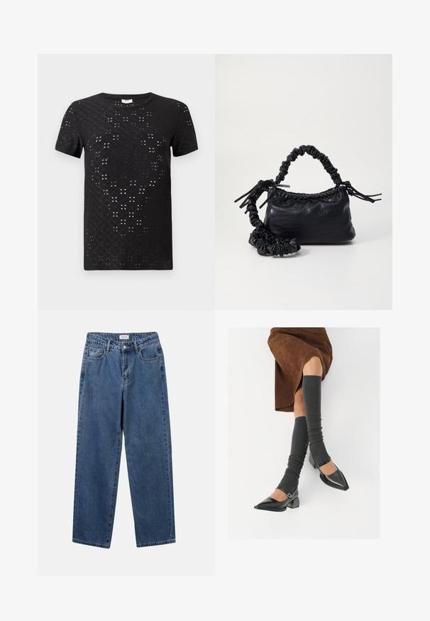 Juodas trumpas rankovėmis marškinėliai su tekstūriniu pjūvių raštu ir apvaliu kaklu. Pagamintas iš lengvo audinio, su laisvu siluetu.; Klasikiniai mėlynos džinsinio audinio džinsai su tiesiomis kojomis, penkiomis kišenėmis ir mygtukų uždarymu. Pasižymi vidutiniu skalbimu ir tvirtu audiniu.; Juodi lakuoti odiniai batai su aštriu kuma ir bloko kulnu, derinami su pilkais riebiais kojų šildytuvais ir rudais zomšiniais sijonais.; Juodas dirbtinės odos rankinė su krokodilo tekstūra, sušnibždinta viršuje ir susikraipytu dirželiu. Atrodo minkšta ir kompaktiška.