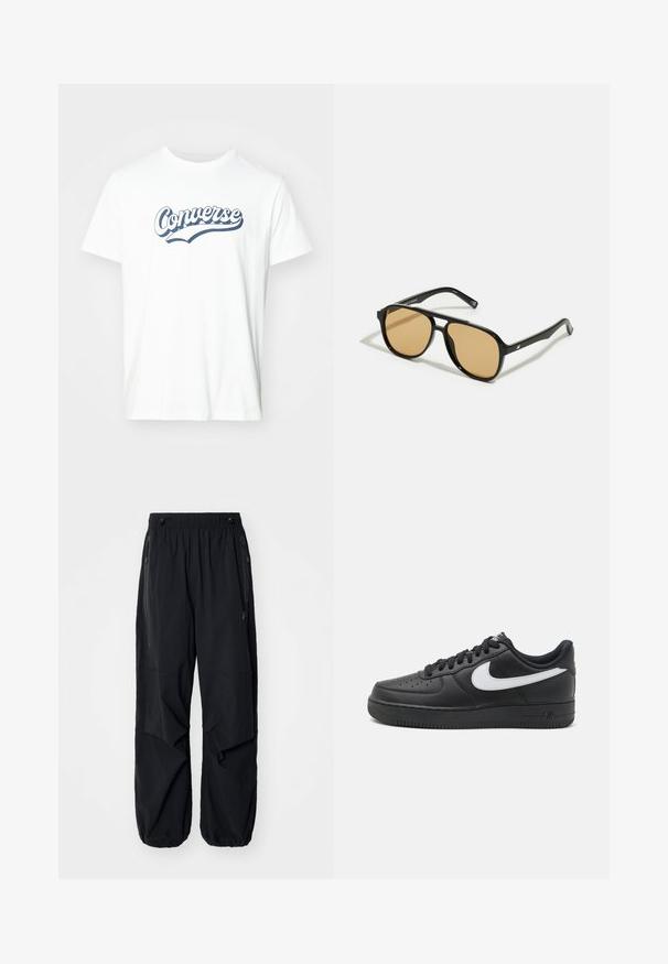 Balti medvilninis marškinėliai su trumpomis rankovėmis ir apvalia iškirpte. Priekyje yra mėlynas "Converse" logotipas su kreivės dizainu.; Juodos lengvos krovininės kelnės su elastinga juosmeniu, šoninėmis užtrauktukais ir erdviomis kišenėmis. Turi laisvą prigludimą ir siaurėjančius rankogalius.; Juodi Nike Air Force 1 sportbačiai su lygia odine viršutine dalimi, balta logotipo akcentu, perforuota nosimi ir tekstūruotu guminio pado.; Juodi saulės akiniai su rudais lęšiais; stačiakampio formos, su storu rėmu, įskaitant subtilias detales ant šventyklų.