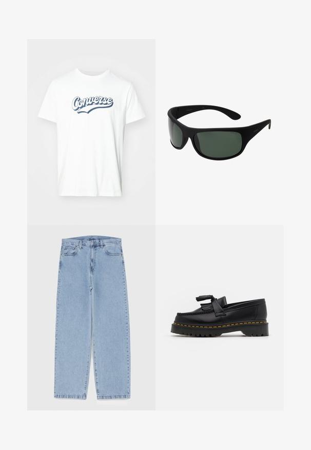 T-shirt bianco in cotone con maniche corte e collo rotondo. Presenta un logo blu "Converse" con un design curvo sulla parte anteriore.; Jeans in denim azzurro chiaro con design a gamba dritta, caratterizzati da una vita media, cinque tasche e chiusura con bottone e zip.; Mocassino in pelle nera con un'accento a frange, dotato di una suola nera spessa e cuciture gialle lungo il bordo. Finitura testurizzata.; Occhiali da sole neri avvolgenti con lenti verde scuro. Finitura opaca, design curvo, con aste dritte e un branding sottile sul lato.
