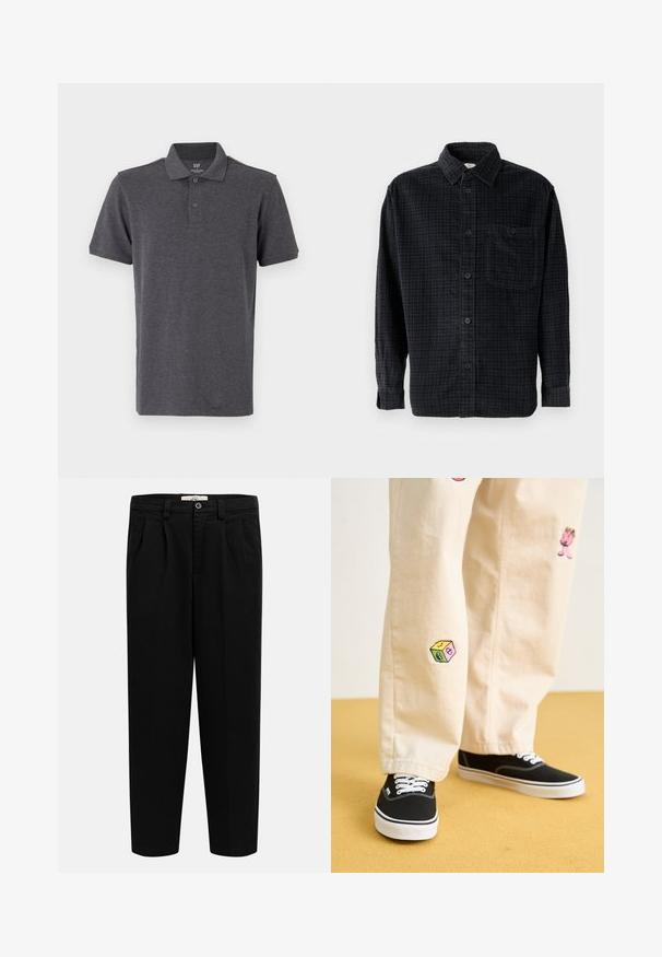 GAP Polo - light grey; Camisa de mangas longas em padrão xadrez preto, feita de tecido suave, com fecho de botões à frente, colarinho e um bolso no peito.; Calças pretas de cintura alta, de perna reta, com passantes para cinto, pregas frontais, bolsos laterais e fecho de botão na cintura.; Calças de algodão bege com desenhos bordados divertidos, incluindo uma personagem rosa e um bloco colorido, combinadas com sapatilhas pretas de atacadores.