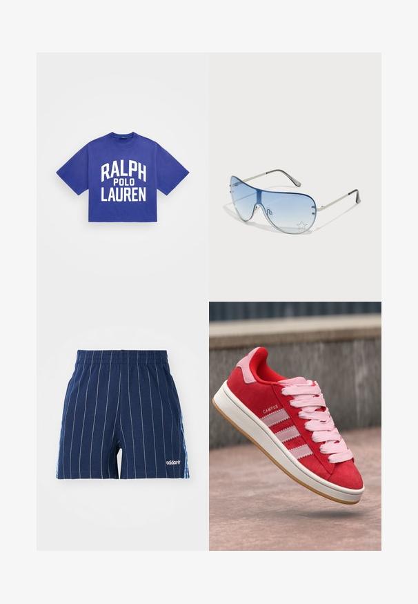 Polo Ralph Lauren - T-shirt z nadrukiem; Granatowe szorty w białe paski, z elastycznym pasem i logo Adidasa. Mają niebieskie akcenty po bokach i wykonane są z mieszanki bawełny.; Czerwone zamszowe sneakersy z różowymi akcentami, wyposażone w trzy białe paski i jasnoróżowe sznurówki. Biała podeszwa środkowa i podeszwa z gumy.; Okulary przeciwsłoneczne typu aviator z gradientowymi niebieskimi szkłami, srebrną metalową oprawą oraz dekoracyjnymi akcentami w kształcie gwiazdek na soczewkach. Gładki i elegancki design.