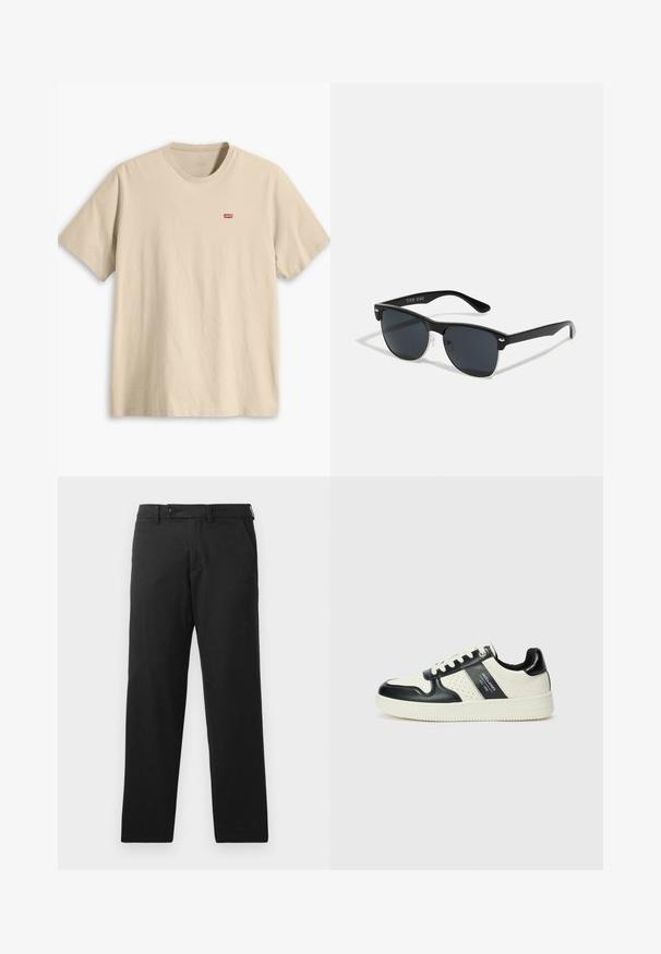 Bežové bavlnené tričko s krátkymi rukávmi, okrúhlym výstrihom a malým červeným logom Levi's na ľavej hrudi. Hladká textúra, voľný strih.; Čierne nohavice vyrobené z bavlnenej zmesi, s rovným strihom, zapínaním na gombík a bezšvovými bočnými vreckami.; Kožené tenisky v čierno-krémovej farbe, s perforovanými akcentmi, polstrovaným golierom a štruktúrovanou podrážkou.; Čierne slnečné okuliare s obdĺžnikovým tvarom, tmavými sklami, striebornými akcentmi na bočných okrajoch a matným povrchom rámu.