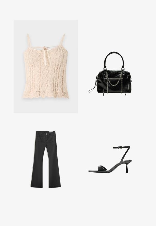 Strik tanktop i lys beige med ribbet tekstur, featuring tynde skulderremme og en bundet sløjfe detalje foran. Bølgeformet kant.; Sorte flared jeans lavet af denim med en glat tekstur, som har to baglommer og en knaplukning i taljen.; Bershka Højhælede sandaletter / Højhælede sandaler - black; Bershka WITH CHAIN - Håndtasker - black
