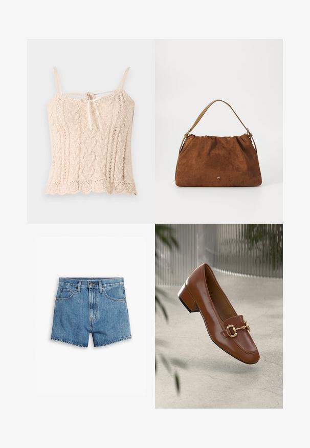 Knit tank top in light beige with a ribbed texture, featuring thin shoulder straps and a tied bow detail at the front. Scalloped hemline.; Denim shorts in light blue, featuring five pockets, a zip fly, and a button closure. The hem is frayed with a relaxed fit design.; Brown patent leather loafer with square toe, metallic chain accent, and low block heel; smooth texture, minimalist design.; Brown suede handbag with a gathered design, featuring a single tan leather strap and a subtle gold logo detail on the front.