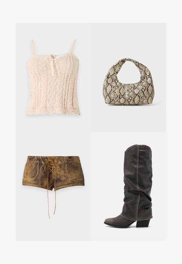 Kötött trikó világos bézs színben, bordázott textúrával, vékony vállpántokkal és elöl megkötött masni részlettel. Franciabugyira vágott szegély.; Barna, fűzős sort, textúrált felülettel és kontrasztos bézs fűzőkkel. Fémlyukakkal és testhezálló fazonnal rendelkezik, amely a szoros megjelenés érdekében készült.; Szürke bőr, térdig érő csizmák, amelyek laza kialakításúak, hegyes orrúak és tornácos sarkúak. Figyelemre méltó varrási részlet az orr részén.; Kígyómintás kézitáska ívelt fogantyúval. Texturált, bézs és barna anyagból készült, jellegzetes gyémántmintával.