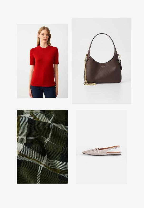 Kurzer, roter Strickpullover mit Rundhalsausschnitt und gerippten Kanten, kombiniert mit dunklen Hosen. Einfaches, figurbetontes Design.; Gewebter Karostoff mit dunklem Grün, Schwarz und Weiß. Die Textur ist glatt mit einem weichen, gemusterten Finish.; Helle beige Slingback-Schuh mit spitzer Zehenpartie, weich samtiger Textur, ausgestattet mit zwei dekorativen Schnallen und einem niedrigen, flachen Absatz.; COACH BROOKLYN SHOULDER BAG 23 - Handtasche - maple