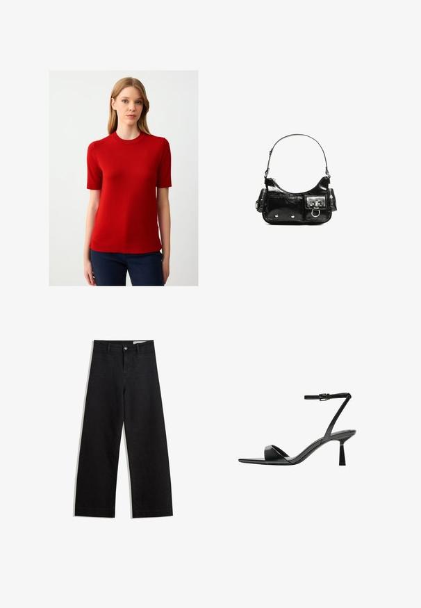 Kurzer, roter Strickpullover mit Rundhalsausschnitt und gerippten Kanten, kombiniert mit dunklen Hosen. Einfaches, figurbetontes Design.; Schwarze weit geschnittene Jeans mit hoher Taille, ausgestattet mit Vorder- und Hintertaschen, gesteppten Nähten und einem Knopfverschluss. Glatte Textur.; Bershka High Heel Sandalette - black; Schwarze Lackleder-Handtasche mit geschwungenem Design, einem Schulterriemen, Vordertaschen und silberfarbenen Hardware-Akzenten.