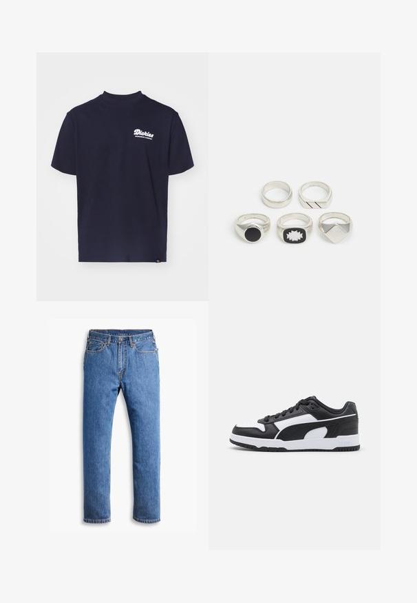 Tumesinine puuvillane T-särk ümmarguse kaelusega, millel on vasakul rinnal valge "Dickies Workwear Company" logo, lühikesed varrukad ja mugav lõige.; Sinine denimist teksapüksid otse lõikega, viie taskuga, nööpide sulgemisega ja puhase valge tausta peal oranzide õmblustega.; Mustvalge tennisetoss, millel on nahk ülemine, tekstuuriga detailid, pehmendatud keel, paeltega disain ja kummist välistald, millel on sooned.; Viis hõbedast sõrmust: üks musta ümmarguse detailiga, üks valge ja musta geomeetrilise mustriga ning teised erinevate vormide ja viimistlustega.