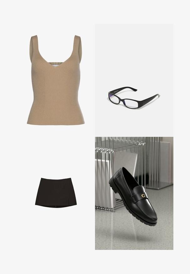 LASCANA Top - camelfarben; Černá mini sukně s rovnými liniemi a mírným bočním rozparkem. Vyrobena z hladké tkaniny, s čistým lemem a minimalistickým designem.; Černé kožené mokasíny s vyvýšeným švem, zlatým akcentovým logem a texturovaným páskem. Mají silnou, odolnou gumovou podrážku.; Černé obdélníkové brýle s průhlednými čočkami. Lesklý povrch, úzké ramínka a fialový nádech viditelný na okrajích čoček.