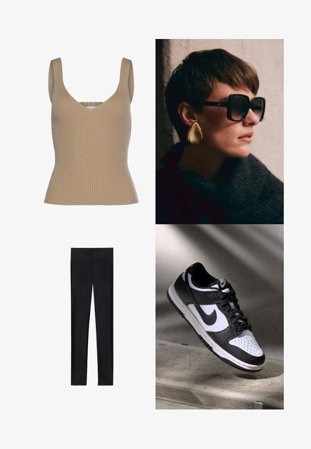 LASCANA Top; Czarne legginsy wykonane z elastycznego materiału; charakteryzują się gładką teksturą, pełną długością i elastycznym pasem bez widocznych szwów.; Czarno-białe sneakersy Nike Dunk Low z cholewką skórzaną, perforowanym noskiem i czarnymi sznurowadłami, z białą podeszwą i akcentami logo.; Czarne oversize okulary przeciwsłoneczne z ciemnymi soczewkami i złotymi detalami, połączone z dużym, błyszczącym złotym kolczykiem w kształcie łezki. Ciemny, strukturalny szal.; Brązowa skórzana torebka na ramię z wzorem logo, złotym łańcuszkiem na pasku, zapięciem na zamek błyskawiczny oraz złotymi akcentami. Kompaktowy i prostokątny kształt.; Złoty zegarek metalowy z prostokątną tarczą z zieloną marmurową wskazówką. Ośmiokątna ramka i bransoleta z ogniwami.