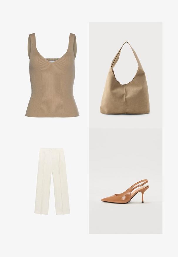 LASCANA Toppi - camelfarben; Valkoiset leveälahkeiset housut vaaleassa kermassa. Valmistettu sileästä kankaasta, jossa on laskokset edessä ja sivutaskut.; Korkokenkä, jossa on terävä kärki ja avonainen kanna, valmistettu sileästä, kiiltävästä ruskeasta materiaalista. Sisältää kaarevan leikkuun muotoilun ja hoikan stilettokannan. Hopeinen solkiyksityiskohta.; Hobo-laukku pehmeästä beige-suedesta, jossa on löysä muoto, leveä olkahihna ja käsinommeltu sauma edessä.