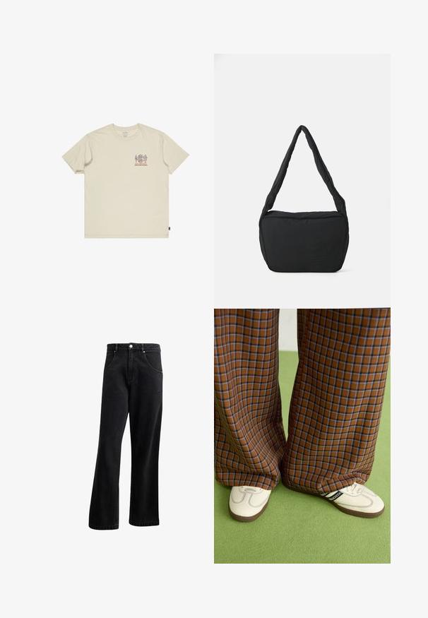 Beige katoenen t-shirt met een kleine, kleurrijke opdruk op de borst. Rond de hals en korte mouwen. Relaxte pasvorm met zijlabel.; Zwarte denim jeans met een recht gesneden ontwerp, voorzien van voorzakken, een knoopsluiting en een lichte textuur. Inclusief een subtiele logo-detail.; Bruine en blauwe geruite wijde broek, gecombineerd met witte schoenen met zwarte accenten en een gestructureerde zool, gezet tegen een groene achtergrond.; Zwarte schoudertas met een gewatteerde textuur, een ronde vorm en een brede schouderband, met een reliëflogo aan de voorkant.