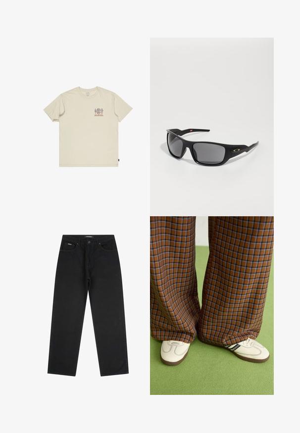 Beige bomulls t-skjorte med et lite, flerfarget grafikktrykk på brystet. Rund hals og korte ermer. Avslappet passform med sidemerking.; Sorte straight-leg jeans med frontknapp og glidelås, beltehemper og fem-lommerdesign, lagt flatt på en hvit bakgrunn.; Brune og blå rutete vide bukser sammen med hvite sko med svarte detaljer og teksturerte såler, satt mot en grønn bakgrunn.; Sorte solbriller med rektangulær form, laget av slitesterk plast, med gråtonede linser og en gullakzent på siden.