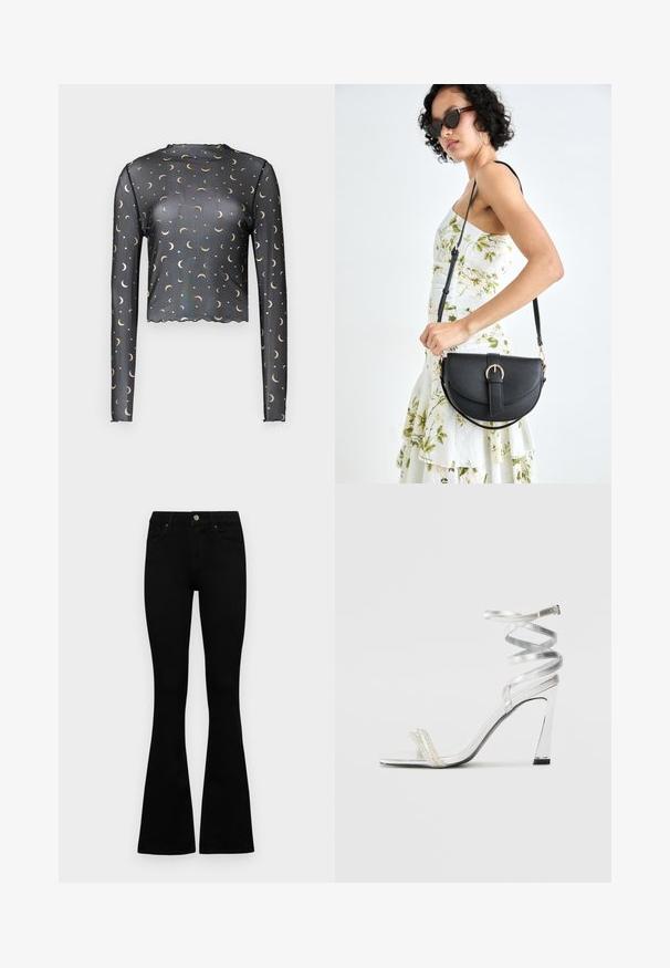 T-shirt de malha preta de manga longa com padrão de lua crescente e estrelas em dourado, comprimento cropped e detalhe de barra escalligada.; Jeans pretos de cintura alta com fecho de botão e zíper, bolsos frontais e pernas largas dispostos em cima de um fundo branco.; Sandalha de salto alto prateada com um design de tira brilhante, apresentando um detalhe semelhante a uma pérola e uma tira de tornozelo espiralada para um ajuste seguro.; Bolsa de couro preta com forma curva, alça destacável e detalhes em dourado. A bolsa possui uma aba com detalhe de fivela.