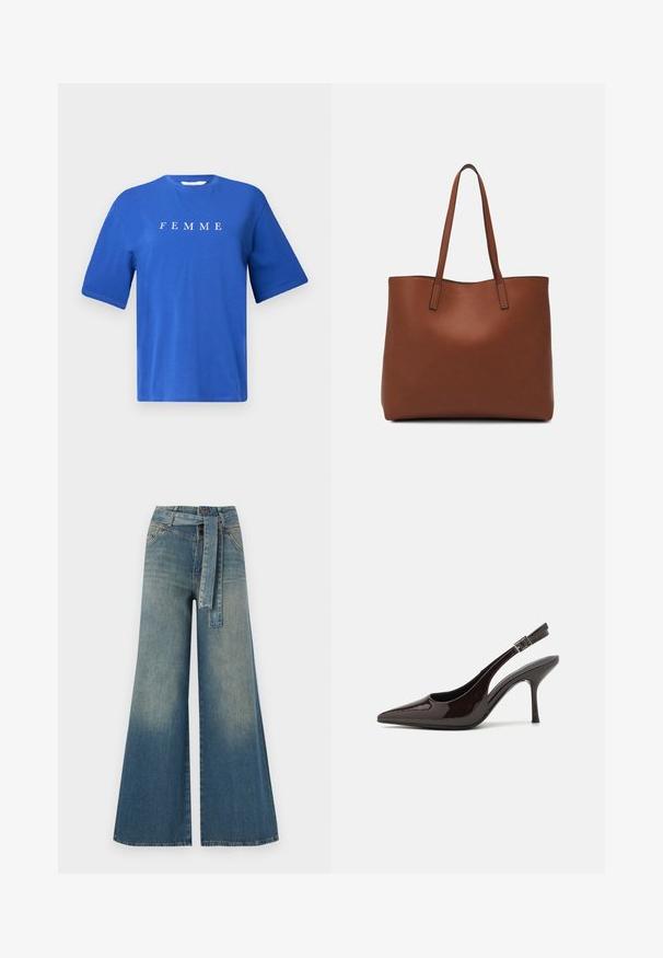 Blue cotton t-shirt with a crew neck, short sleeves, and the word "FEMME" printed in white across the chest. Smooth texture, relaxed fit.; Wide-leg denim trousers featuring a light to dark blue gradient, high waist, belt loops, and a matching fabric belt. Textured denim finish.; Slingback high-heeled shoe in glossy dark brown patent leather, pointed toe, open sides, and adjustable ankle strap.; Brown leather tote bag with a smooth texture, open top design, and two shoulder straps. Features minimal stitching and no visible hardware.