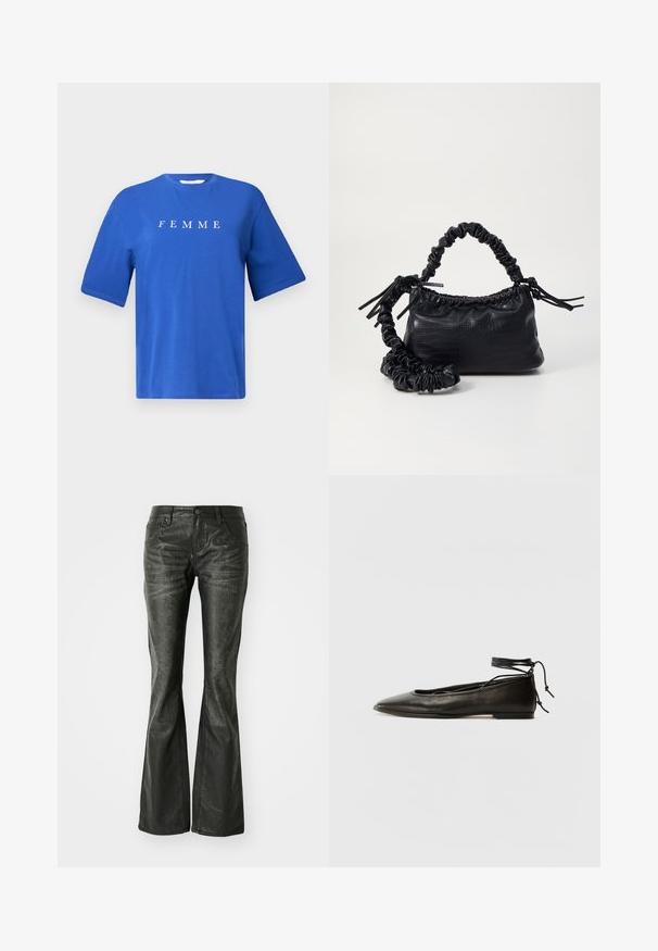 Blue cotton t-shirt with a crew neck, short sleeves, and the word "FEMME" printed in white across the chest. Smooth texture, relaxed fit.; Black faux leather flared jeans with front pockets, a metal button closure, and a slightly textured surface. Straight leg with a long cut.; Black leather ballet flats with a pointed toe, ankle tie, and flat sole, featuring a smooth texture and minimalistic design.; Black faux leather handbag with a crocodile texture, cinched top, and a scrunched strap. Appears soft and compact in design.