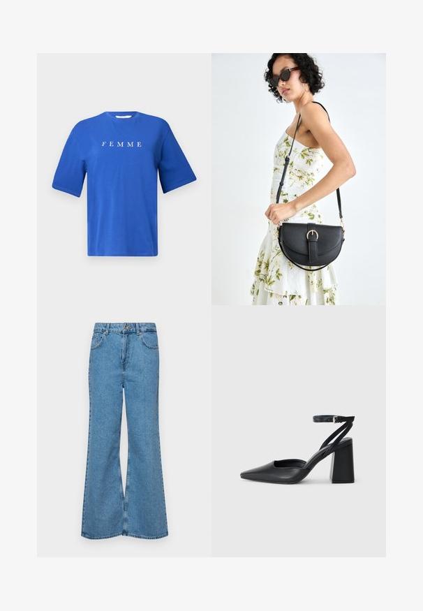 Modra bombažna majica s kratkimi rokavi in okroglim izrezom, na kateri je v beli barvi natisnjena beseda "FEMME" čez prsa. Gladka tekstura, sproščen kroj.; Svetlo modri razširjeni džins hlače iz denima, z visokim pasom, petimi žepi in enim gumbom za zapiranje. Mehka tekstura z blagim zbledelim videzom.; Črne usnjene klasične čevlje z ostrim nosom, z zaponko za gleženj in debelim peto. Ravna tekstura, eleganten dizajn in minimalistična estetika.; Črna usnjena torbica s ukrivljeno obliko, z odstranljivo naramnico in zlatimi dodatki. Torbica ima pokrov s podrobnostmi v obliki zaponke.