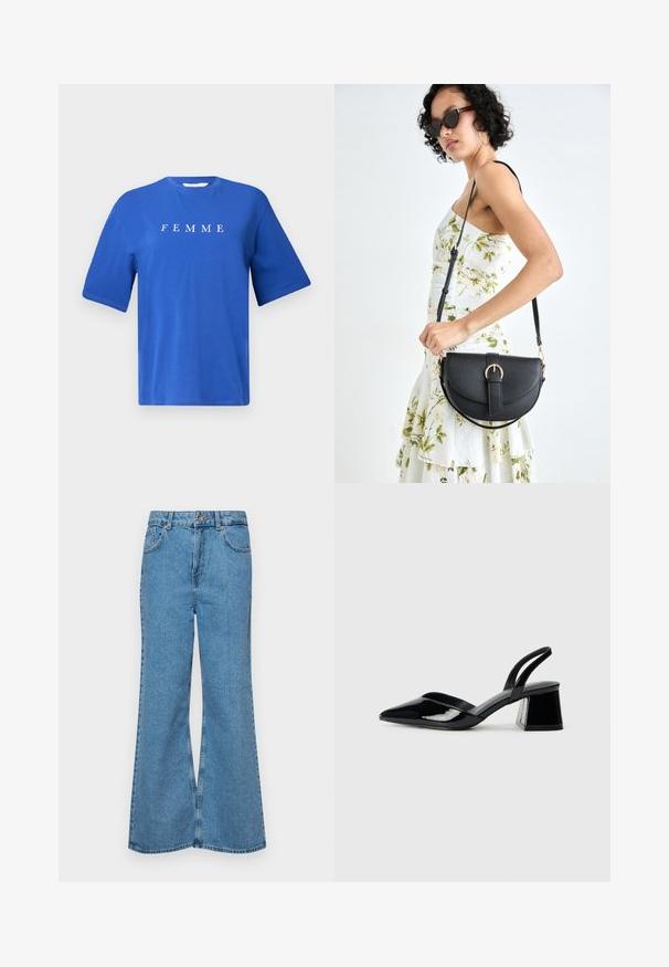 Blue cotton t-shirt with a crew neck, short sleeves, and the word "FEMME" printed in white across the chest. Smooth texture, relaxed fit.; Light blue flared jeans made of denim, featuring a high waist, five pockets, and a single button closure. Soft texture with faded finish.; Black patent leather slingback heels with a pointed toe and a geometric block heel. Features a sleek, minimal design and smooth texture.; Black leather handbag with a curved shape, detachable strap, and gold hardware. The bag features a flap with a buckle detail.