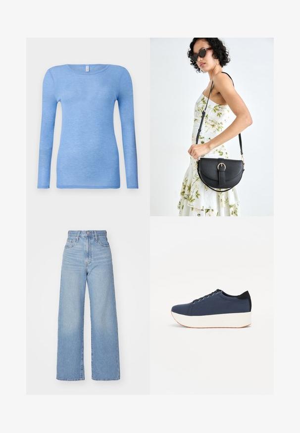 Hele sinine pika varrukaga T-särk pehmest, kergetest riietest. Omab ümmargust kaelust ja keha lähedast disaini. Ilma nähtavate mustrite või aksessuaarideta.; Heledad sinine kõrge vöökohaga laiad teksad, ees nupp ja tõmblukk, ees ja taga taskud, valge tausta peal.; Tumedat sinised tennised tekstureeritud riidest pealispinnaga, valge platvormi tallaga, ümarate varvaste ja musta kontsapaneeliga. Omab kuut silma paelte jaoks.; Mustmust mustraha kõverate joontega, eemaldatava rihmaga ja kuldsete detailidega. Kotil on klapp, millel on pandladetail.