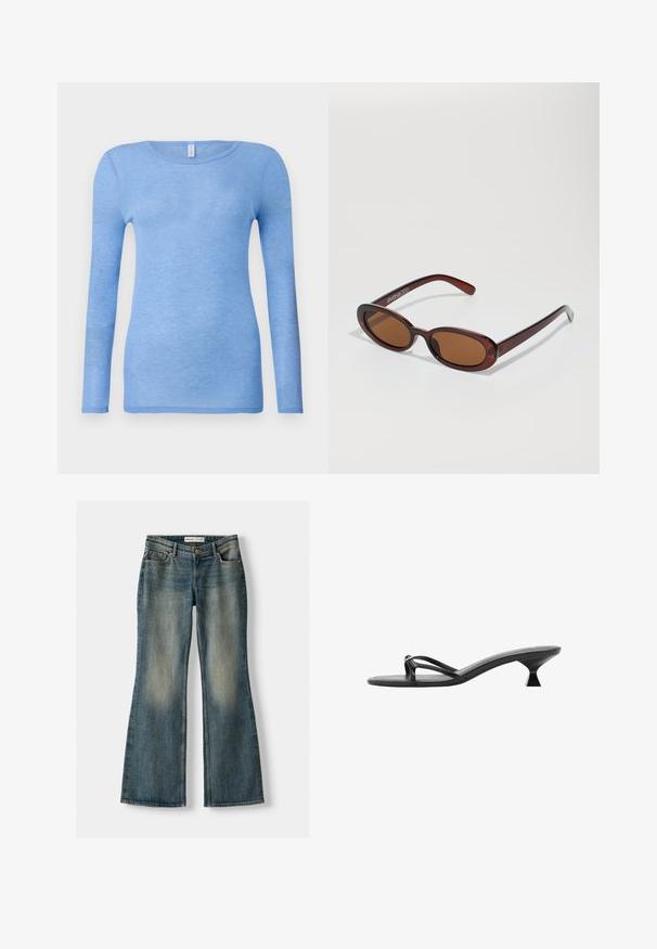 Lichtblauwe t-shirt met lange mouwen in een zachte, lichte stof. Heeft een ronde hals en een aansluitend ontwerp. Geen zichtbare patronen of accenten.; Blauwe uitlopende spijkerbroek met een vervaagde wassing, vijf zakken en een knoopsluiting. Het materiaal heeft een denim textuur met subtiele stikseldetails.; Zwarte hoge hakken sandalen met een elegant ontwerp, dunne bandjes en een unieke driehoekige hak. Glad textuur met een minimalistische uitstraling.; Ronde, bruin getinte zonnebril met een glanzend bordeauxrood frame. Slanke pootjes met subtiele merkdetails. Vlakke lensontwerp.