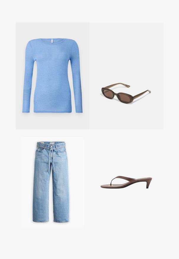 Svetle modré tričko s dlouhým rukávem vyrobené z jemné, lehké tkaniny. Má kulatý výstřih a přiléhavý střih. Bez viditelných vzorů nebo doplňků.; Světle modré džínové široké kalhoty s vysokým pasem, zapínáním na knoflík a zip, a šňůrkou v pase. Obroušené zakončení.; Hnědé sandály s podpatkem a tenkým páskem, zaoblenou špičkou a malým zlatým akcentem na stélce.; Hnědé oválné sluneční brýle s tmavými skly. Rámeček je z průhledného hnědého materiálu a má na stranách potisk s logem.