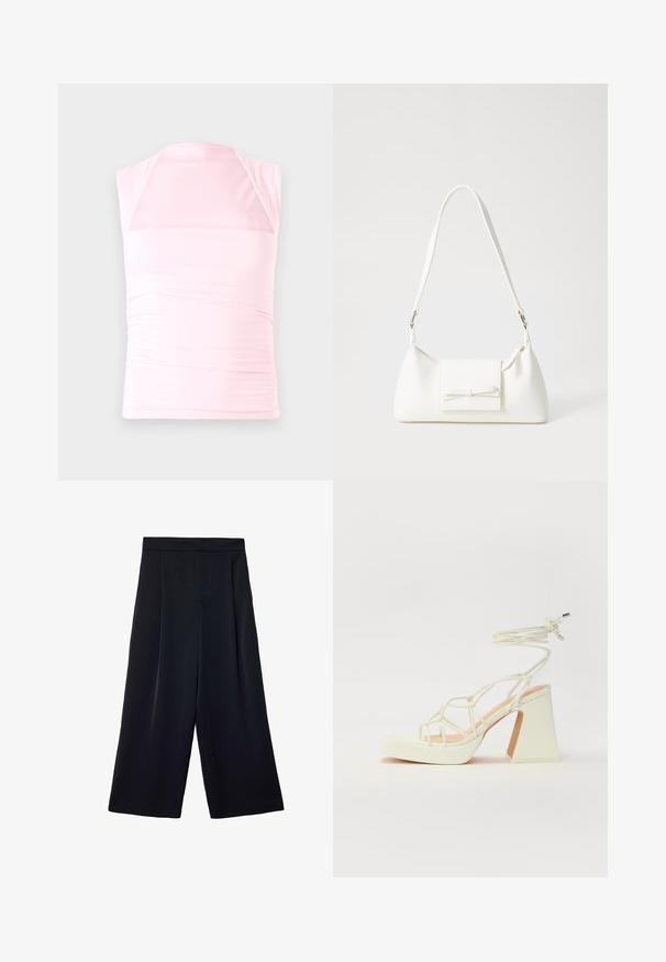 Světle růžový bezramínkový top vyrobený z elastické látky, s nařaseným designem na bocích a nízkým halter výstřihem.; Široké černé kalhoty vyrobené z lehkého materiálu. Mají plisovaný přední díl, vysoký pas a volný střih kolem nohou.; Bílé sandály na vysokém podpatku s robustním podpatkem, s designem s pásky a zavazováním kolem kotníku. Hladký povrch s platformou vpředu pro zvýšení výšky.; Bílá syntetická kabelka v trojúhelníkovém tvaru, s plochým předním klopným víkem a detailem mašle, nastavitelným popruhem, hladkým povrchem a minimalistickým designem.