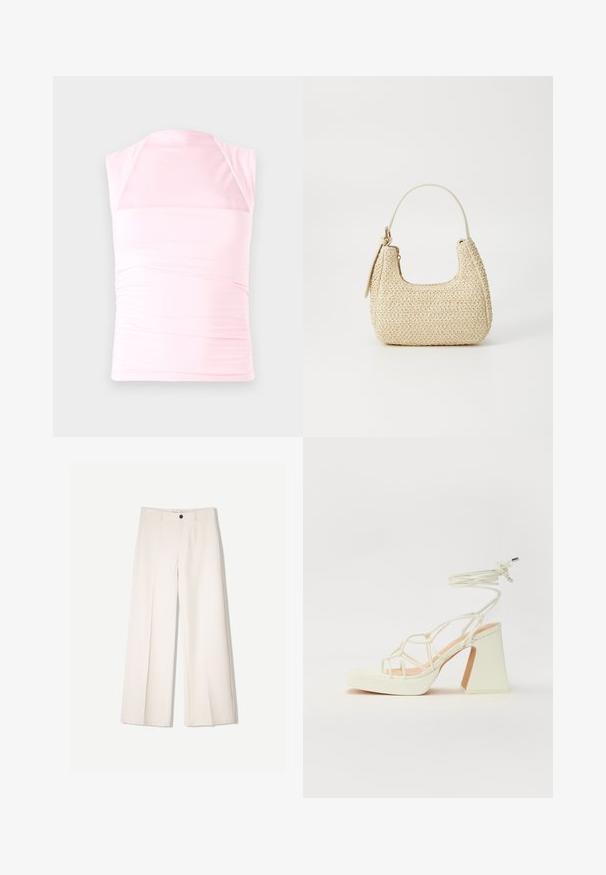 Top fără mâneci de culoare roz deschis, confecționat dintr-un material elastic, având un design plisat pe laterale și un decolteu adânc, în stil halter.; Pantaloni largi de culoare crem, cu un design croit, având două buzunare la față și o închidere cu un singur nasture în față, realizați dintr-un material neted.; Sandale albe cu toc înalt și gros, cu un design cu curele și legătură la gleznă. Textură netedă, cu o platformă frontală pentru înălțime suplimentară.; Geantă din paie împletit în nuanțe bej, cu o formă curbată, un mâner scurt și un fermoar pe lateral. Prezintă o suprafață texturată și un design minimalist.