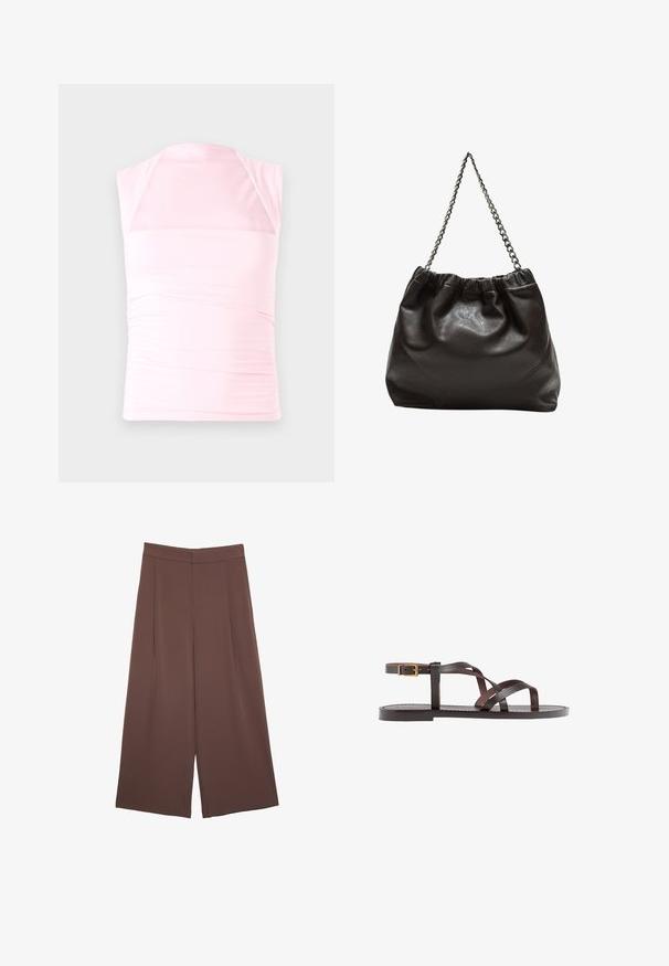 Haut sans manches rose clair en tissu extensible, présentant un design froncé sur les côtés et un décolleté plongeant de style halter.; Pantalons larges marron avec une texture lisse, dotés d'une taille haute et de plis à l'avant. Le tissu est léger et tombe de manière fluide.; Sandale en cuir marron avec des brides entrecroisées, une fermeture à boucle à la cheville et une semelle plate avec des détails de couture minimaux.; Sac en cuir marron avec un haut froncé et une bandoulière en chaîne. Texture lisse avec une finition brillante et des coutures subtiles sur les côtés.