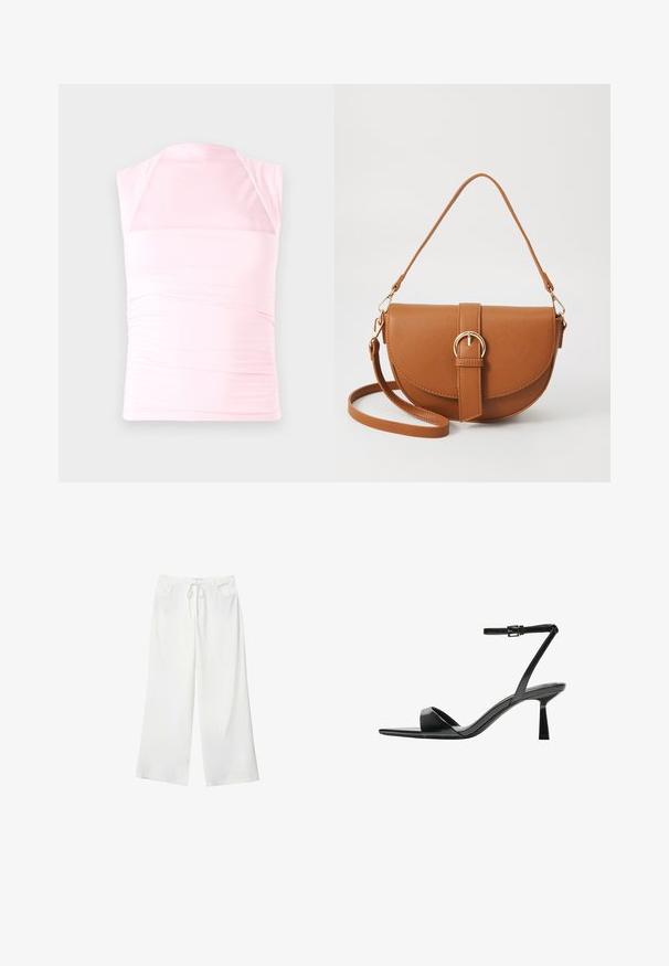 Light pink sleeveless top made of stretchy fabric, featuring a gathered design on the sides and a low-cut, halter-style neckline.; White wide-leg pants made of soft fabric, featuring a drawstring waist and two front pockets. Smooth texture and no visible patterns.; Bershka High heeled sandals - black; Brown leather crossbody bag with a curved shape, gold hardware, and a buckle accent. Features a detachable shoulder strap.