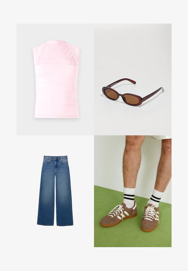 Lyserød udenærmet top lavet af strækbart stof, med en sammensnøret design i siderne og en lav udskæring i halterneck-stil.; Bredde ben blå jeans lavet af denim, med høj talje, syede detaljer og et enkelt design med en let falmende effekt.; Brune ruskind sneakers med hvide detaljer og snørebånd. Gummisål i naturgummi. Båret med hvide sokker med sorte striber. Grøn struktureret gulv.; Runde, bruntonede solbriller med en glansfuld bordeauxramme. Slanke arme med diskret brandingdetalje. Flad linsedesign.; Brun vævet læderhandbag med en slasket, trekantet form. Har et flettet håndtag og en lynlåslukning langs toppen.