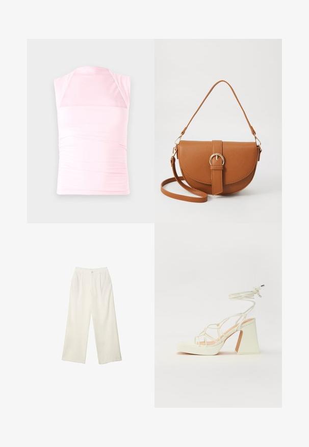 Top senza maniche di un rosa chiaro realizzato in tessuto elasticizzato, con un design arricciato sui lati e un colletto a halter con scollatura profonda.; Pantaloni a gamba larga in tessuto crema con una texture liscia, caratterizzati da un singolo bottone frontale, pieghe sottili e un design a vita alta.; Sandalo bianco con tacco alto, caratterizzato da un design a cinturini e un legaccio alla caviglia. Texture liscia con una piattaforma frontale per un'altezza aggiuntiva.; Borsa a tracolla in pelle marrone con forma curvata, hardware dorato e un dettaglio con fibbia. Presenta una tracolla rimovibile.
