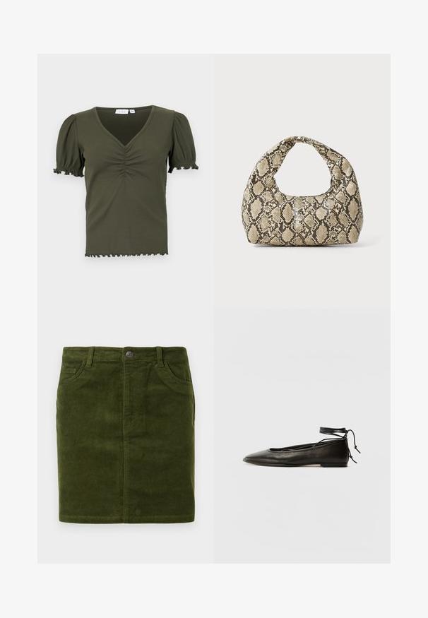 Olivově zelený, žebrovaný top s V-výstřihem, krátkými balónovými rukávy a řasením na hrudi. Roztrhané okraje lemu a rukávů.; Tmavě zelená kordurová sukně s rovným střihem, která má pět kapes a kovové zapínání na knoflík v pase.; Černé kožené baletky s špičatou špičkou, vázáním na kotníku a plochou podrážkou, s hladkým povrchem a minimalistickým designem.; Kabelka s hadím vzorem a zakřiveným držadlem. Vyrobena z texturovaných béžových a hnědých materiálů, s charakteristickým diamantovým vzorem.