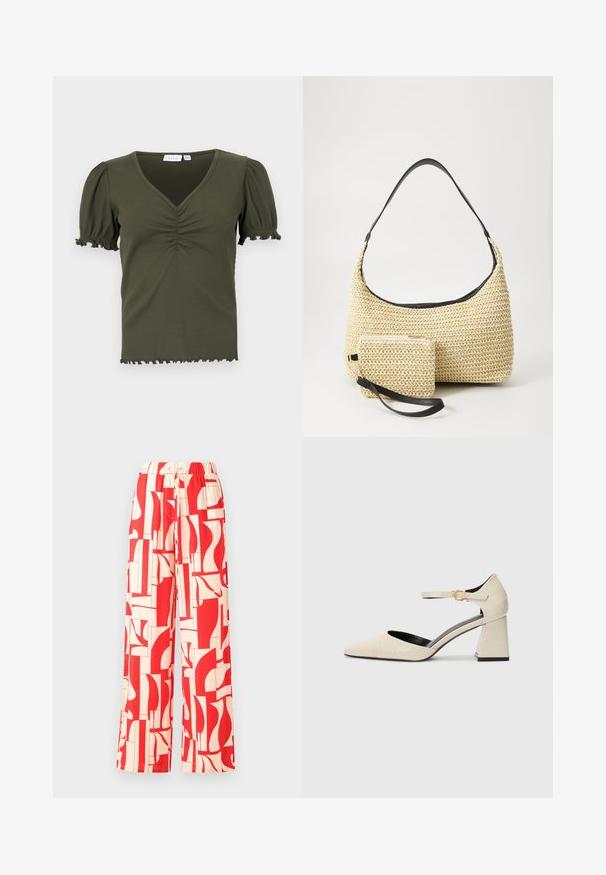 Olivgrön, ribbad topp med V-ringning, korta puffärmar och samlad detaljer vid bröstet. Fransade kanter på hemmet och ärmarna.; Röda mönstrade vida byxor med elastisk midja, tillverkade av lättviktig tyg med abstrakta former i röd och kräm.; Beige konstläder klackskor med spetsig tå, ankelrem och subtil krokodilstruktur. Svart innerfoder.; Vävd halmhandväska med en böjd silhuett, prydd med ett slätt svart läderhandtag och en matchande liten påse fäst med ett handledsband.