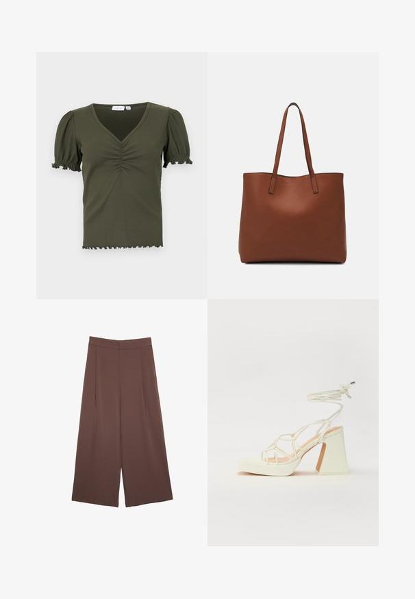 Olivgrön, ribbad topp med V-ringning, korta puffärmar och samlad detaljer vid bröstet. Fransade kanter på hemmet och ärmarna.; Bruna vida byxor med en slät textur, som har hög midja och framfickor. Tyget är lätt och flödar löst.; Vit högklackad sandal med en kraftig klack, med ett remdesign och ankelband. Slät textur med en plattform framtill för ökad höjd.; Brun läder tote-väska med en slät textur, öppen toppdesign och två axelremmar. Har minimal söm och ingen synlig metalldetalj.