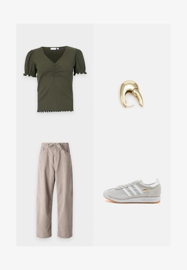 Õliroheline, ribidega pluus V-kaelusega, lühikeste puffvarrukatega ja kokkukogumise detailidega rinnal. Ebaregulaarne serv ja varrukaäärte friteerimine.; Beige kammkootud püksid, millel on mugav lõige, paelaga vöökoht, kaks eesmist taskut ja vertikaalne soonik tekstuur.; Heled hallid tossud, mis on valmistatud nubukist ja võrgust, millel on kolm valget triipu, ümmargune varvas ja kummist tald. Kuldne logoelement paelte lähedal.; Kuldtooni metallist kõrvarõngas, millel on elegantne ja kaarjas disain. Omab silmapaistvat teravat kuju, poleeritud pinda ja hingesulgemist.