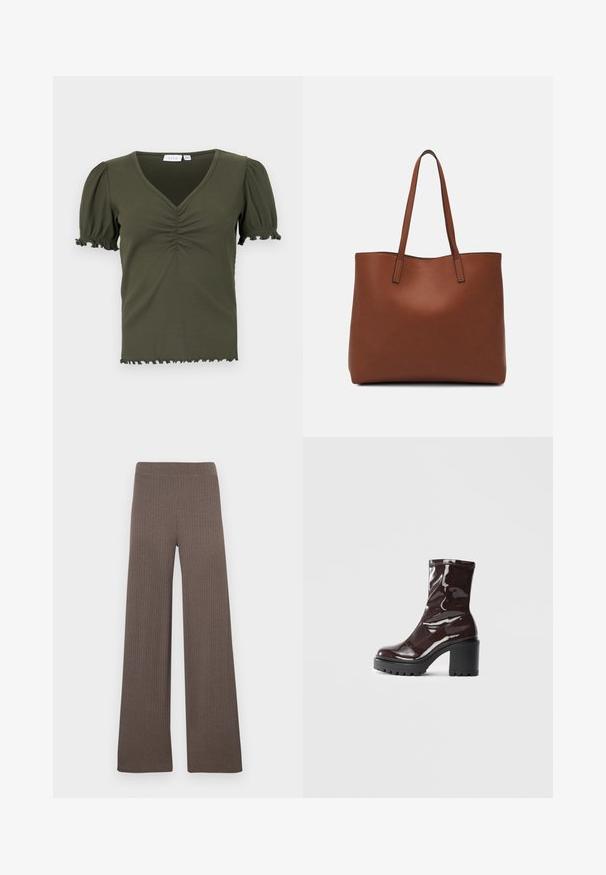 Top verde oliv, cu dungi, cu decolteu în V, mâneci scurte tip puff și detalii fronsate la piept. Marginile de la tiv și mâneci sunt desfăcute.; Pantaloni largi cu dungi late, de culoare maro închis, cu talie elastică și un material moale, texturat.; Botine lucioase burgundy, cu toc gros negru, având o textură netedă și un design simplu. Fără închideri sau modele vizibile.; Geantă de umăr din piele maro cu o textură netedă, design cu vârf deschis și două curele pentru umăr. Prezintă cusături minime și fără componente metalice vizibile.