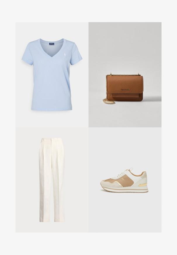 Polo Ralph Lauren COTTON JERSEY V-NECK T-SHIRT - Navadna majica - office blue; Polo Ralph Lauren HEMP WIDE LEG PANT - Hlače - nevis; Bež in bela športna obutev z zlatimi detajli, teksturirano tkanino in gladko usnje. Ima debele podplate in vezalni dizajn.; Rjava teksturirana usnjena torba čez ramo z zlatim verižnim trakom in zapiranjem na pokrov. Spredaj je vidna podrobnost logotipa in žep pod pokrovom.